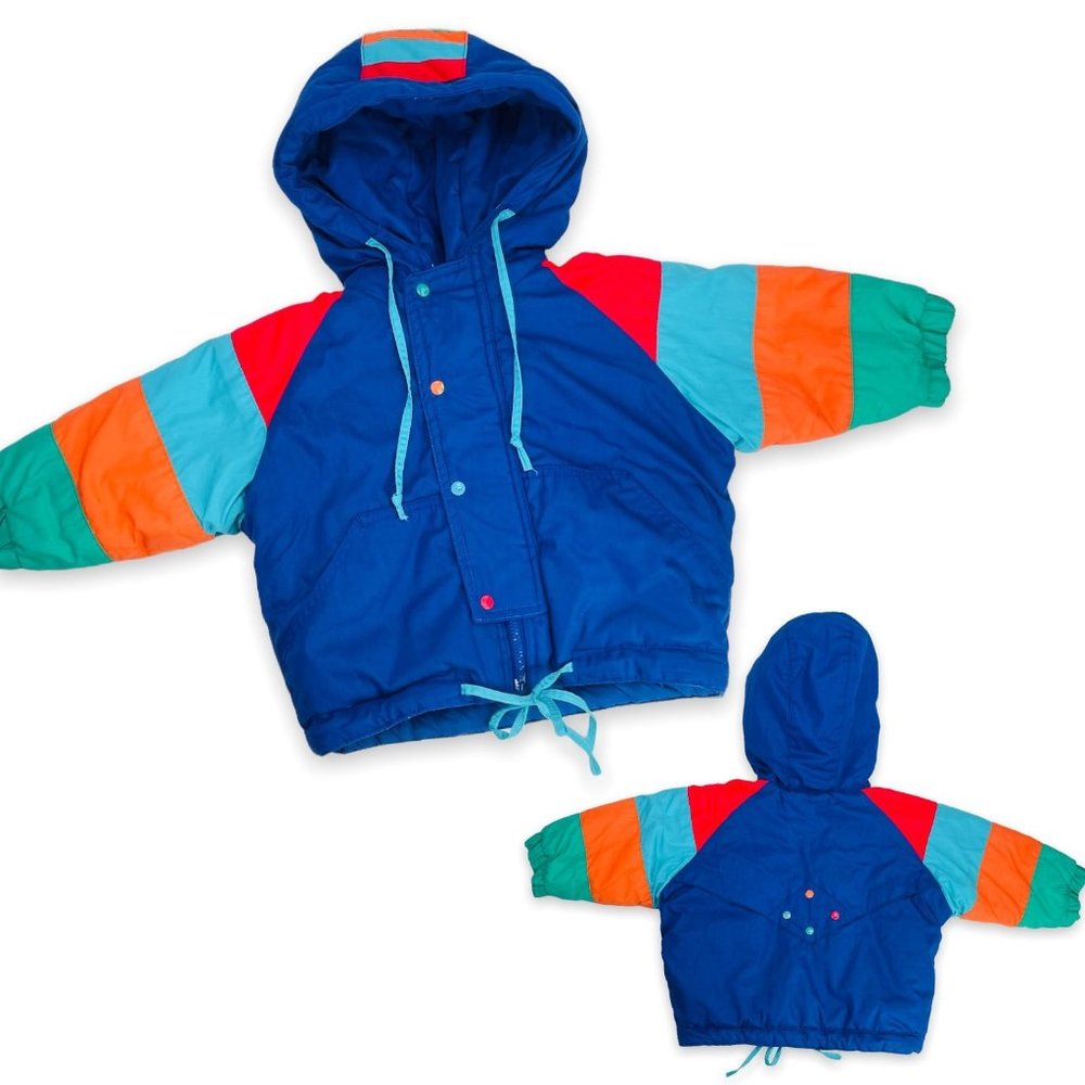 Vintage Gender Neutral Baby Color Block Hooded Puffer Jacket Coat 12m